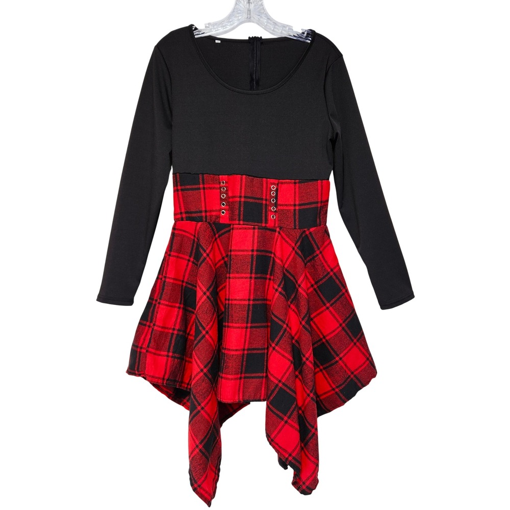 Womens Cabincore Buffalo Plaid Dress XL Stretch Top Flannel Skirt Punk Goth Emo